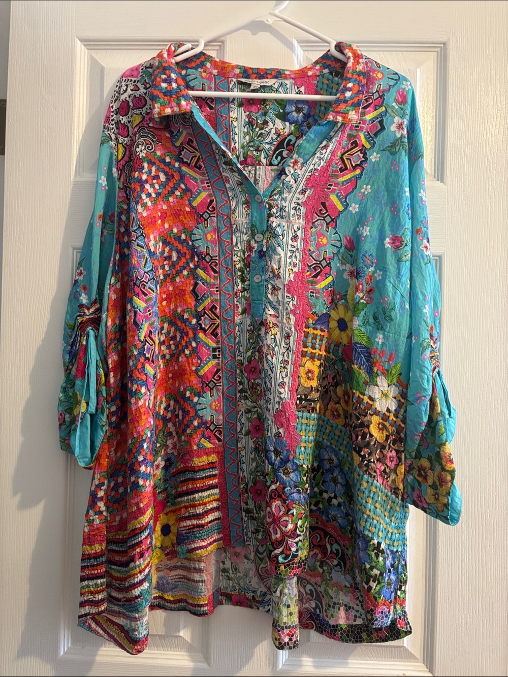 John Mark Multicolor Embroidered Button Down Blouse